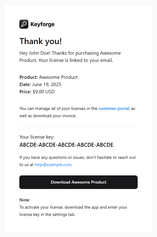 Purchase email example